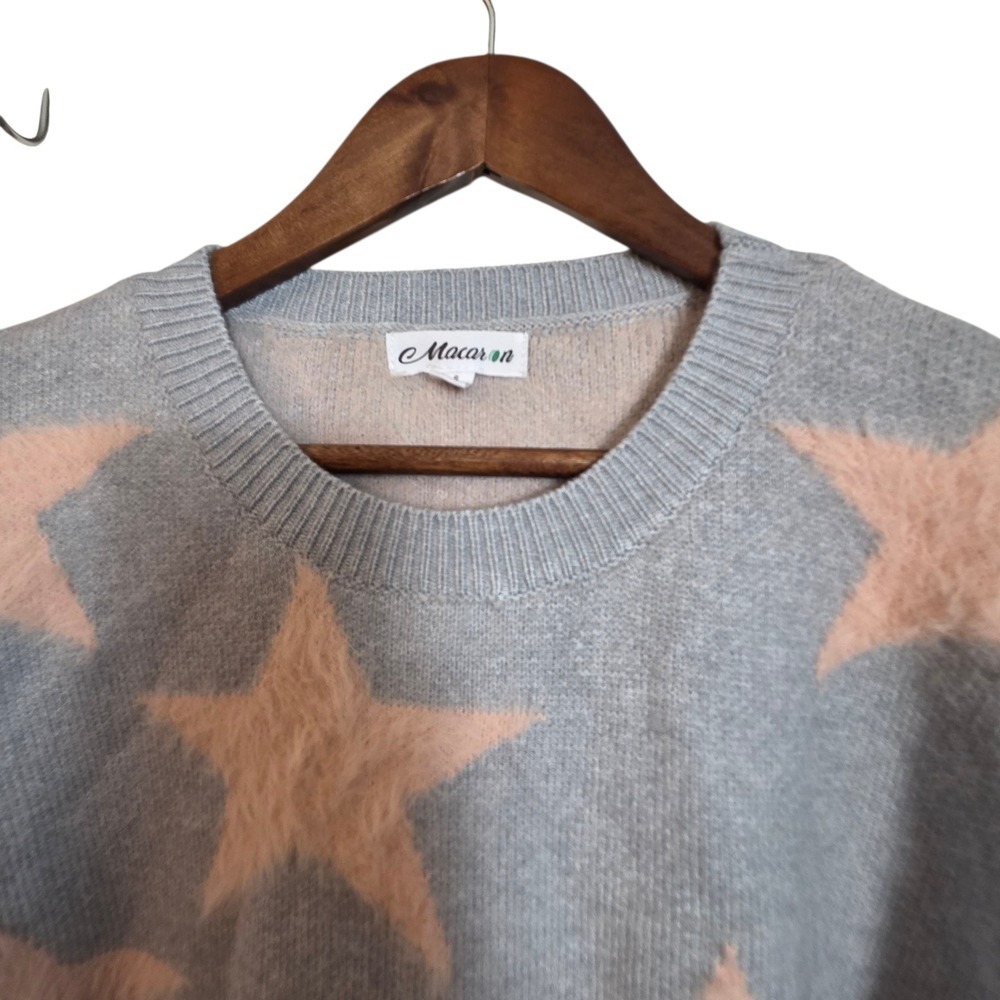 Macaron Gray Pink Star Print Knit Crewneck Sweater Pullover Small 053 bin - Picture 5 of 16